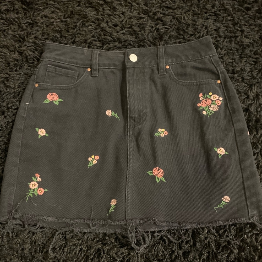 Black denim floral skirt